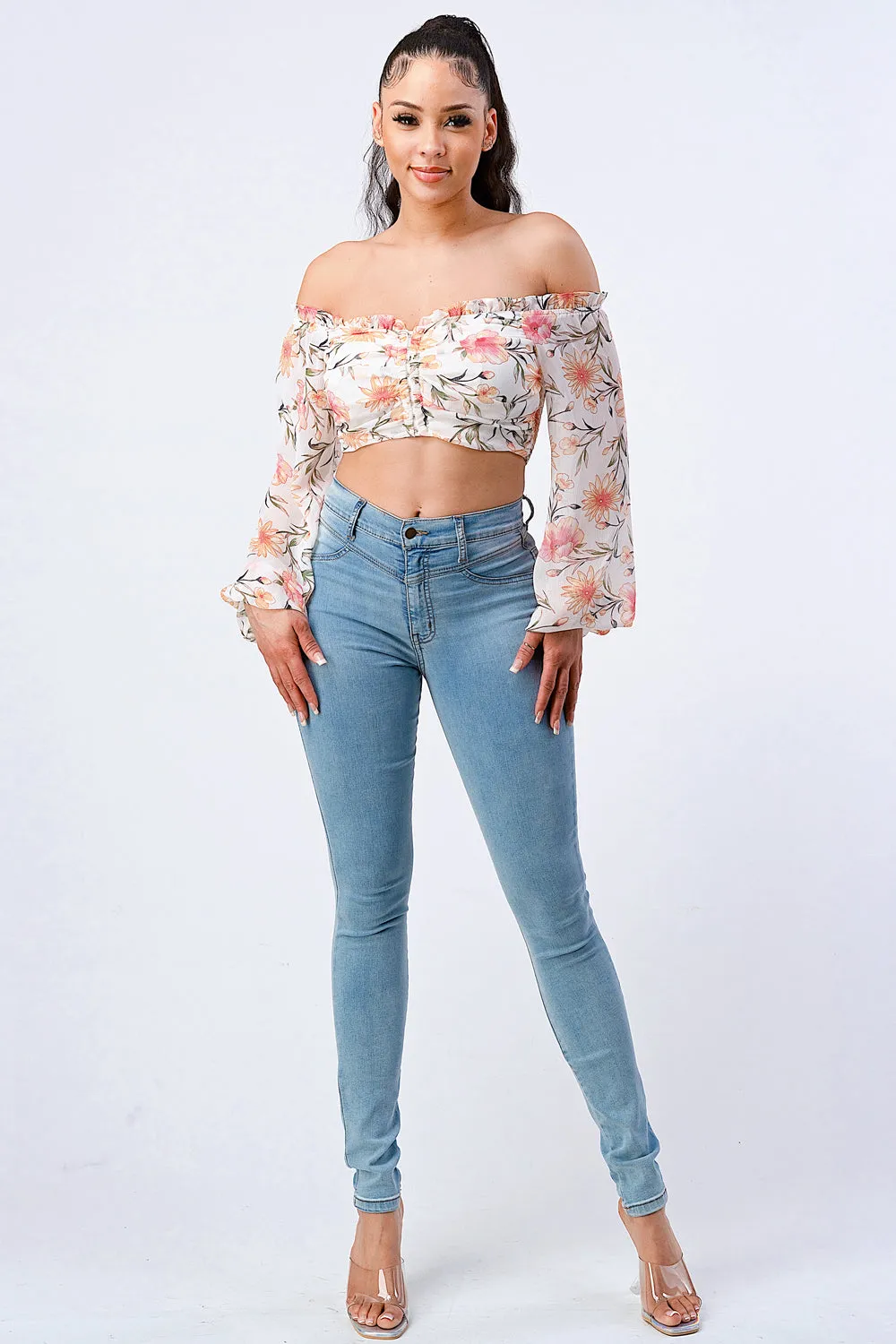 FLORAL CHIFFON SMOCKED OFF SHOULDER SMOCKED CROP TOP