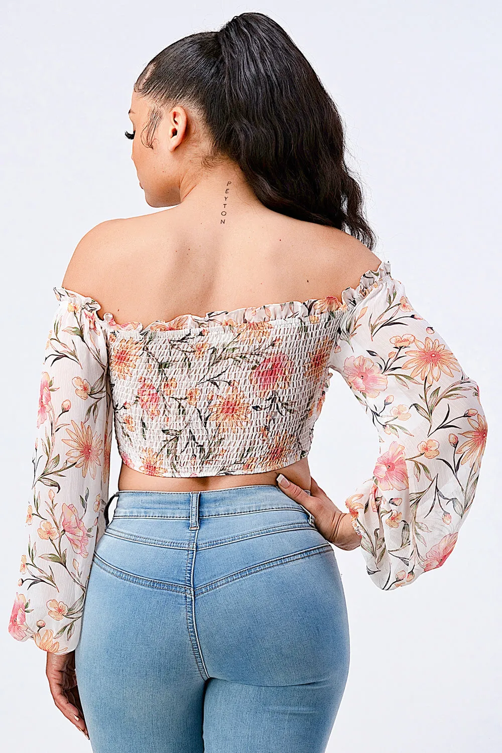 FLORAL CHIFFON SMOCKED OFF SHOULDER SMOCKED CROP TOP