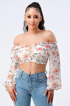 FLORAL CHIFFON SMOCKED OFF SHOULDER SMOCKED CROP TOP