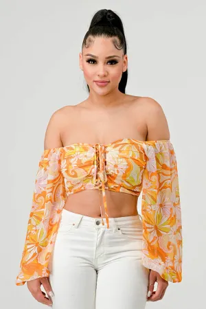 FLORAL MARBLE PRINT SMOCKED OFF SHOULDER CROP TOP