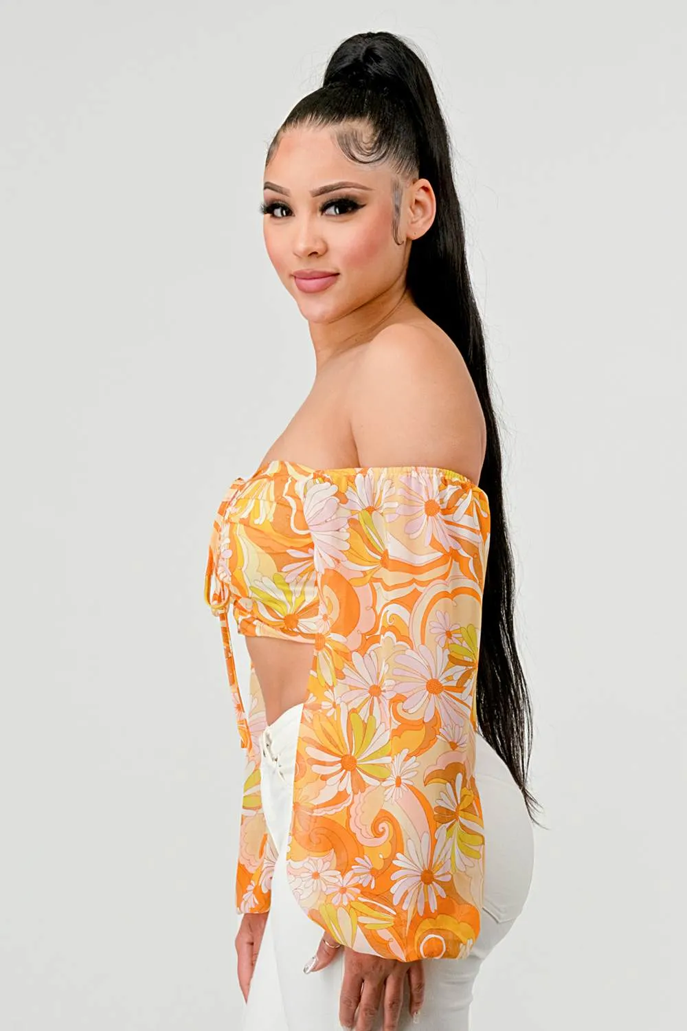 FLORAL MARBLE PRINT SMOCKED OFF SHOULDER CROP TOP