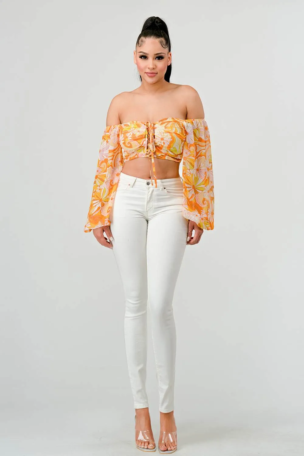 FLORAL MARBLE PRINT SMOCKED OFF SHOULDER CROP TOP