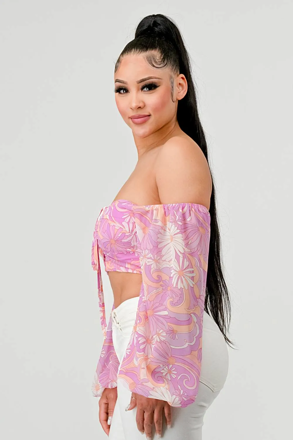 FLORAL MARBLE PRINT SMOCKED OFF SHOULDER CROP TOP