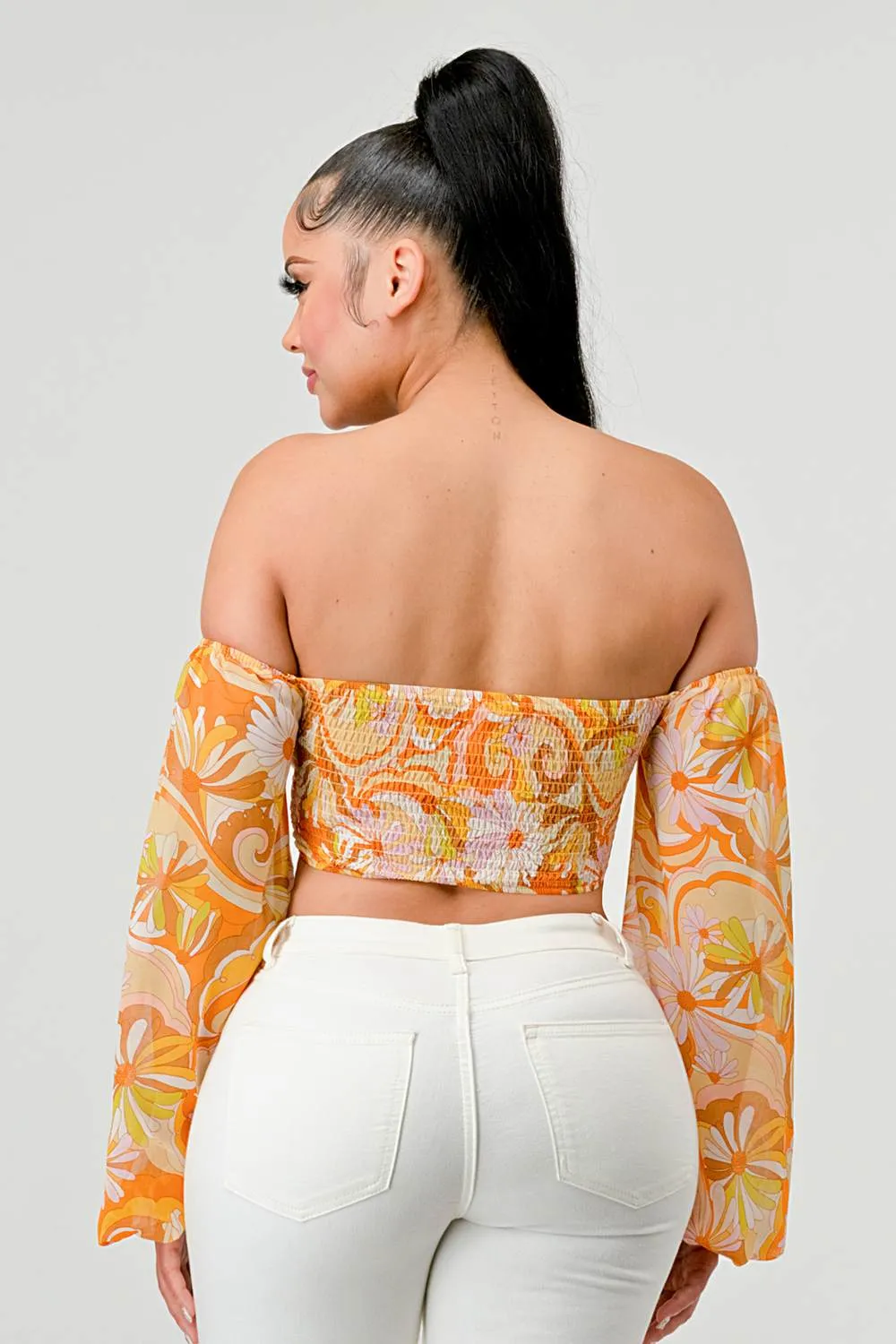FLORAL MARBLE PRINT SMOCKED OFF SHOULDER CROP TOP