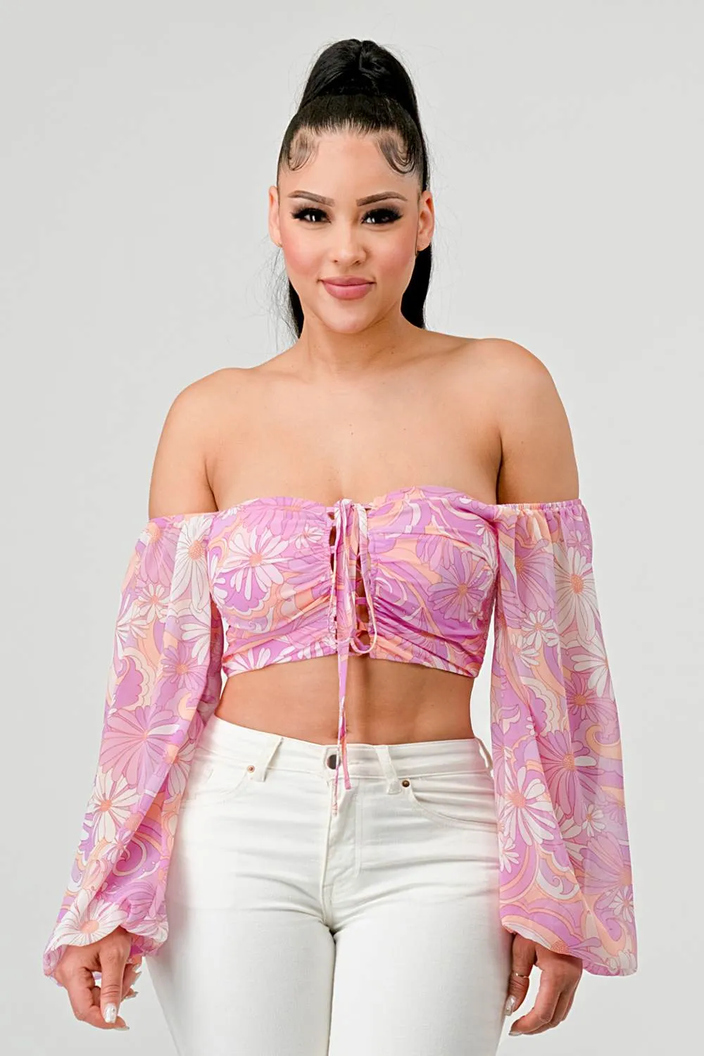 FLORAL MARBLE PRINT SMOCKED OFF SHOULDER CROP TOP