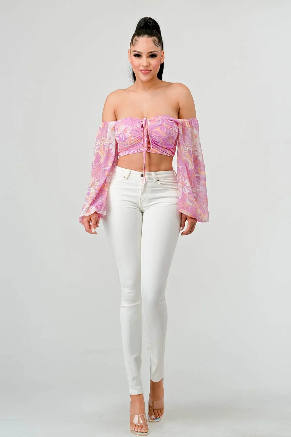 FLORAL MARBLE PRINT SMOCKED OFF SHOULDER CROP TOP