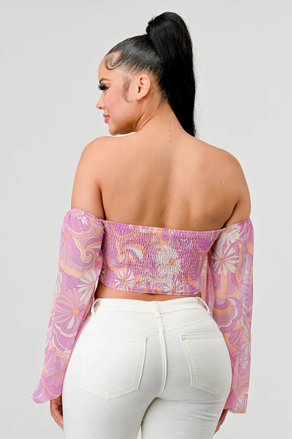 FLORAL MARBLE PRINT SMOCKED OFF SHOULDER CROP TOP