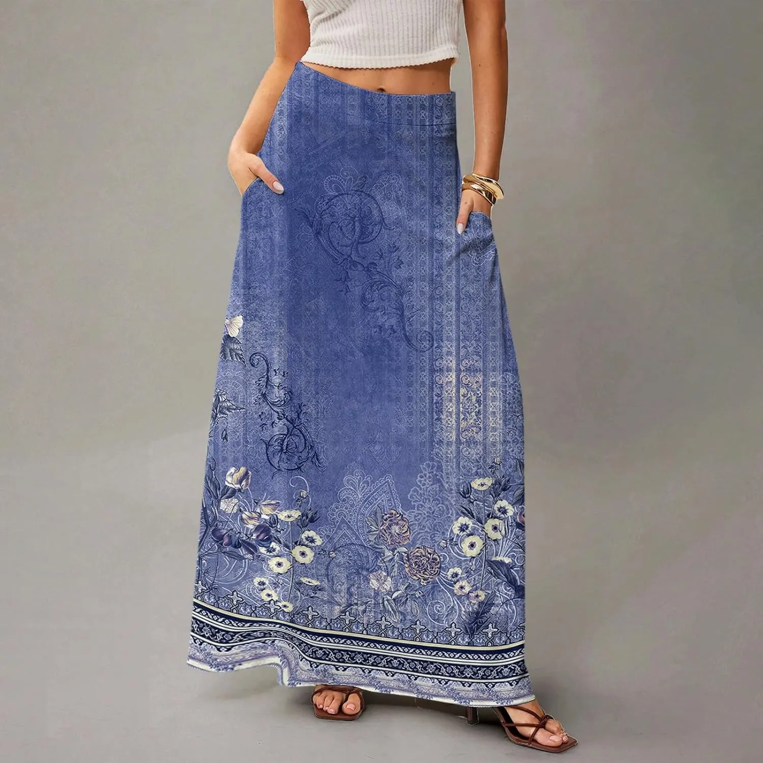 Floral Maxi Skirts for Women Trendy Summer Casual Flowy High Waisted Plus Size Long Boho Work Skirt with Pockets