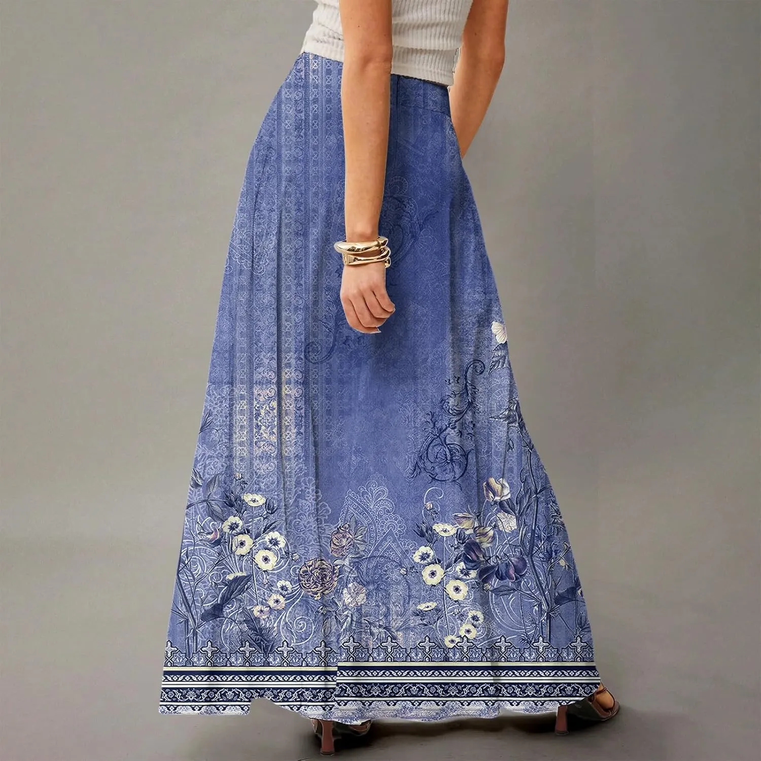 Floral Maxi Skirts for Women Trendy Summer Casual Flowy High Waisted Plus Size Long Boho Work Skirt with Pockets