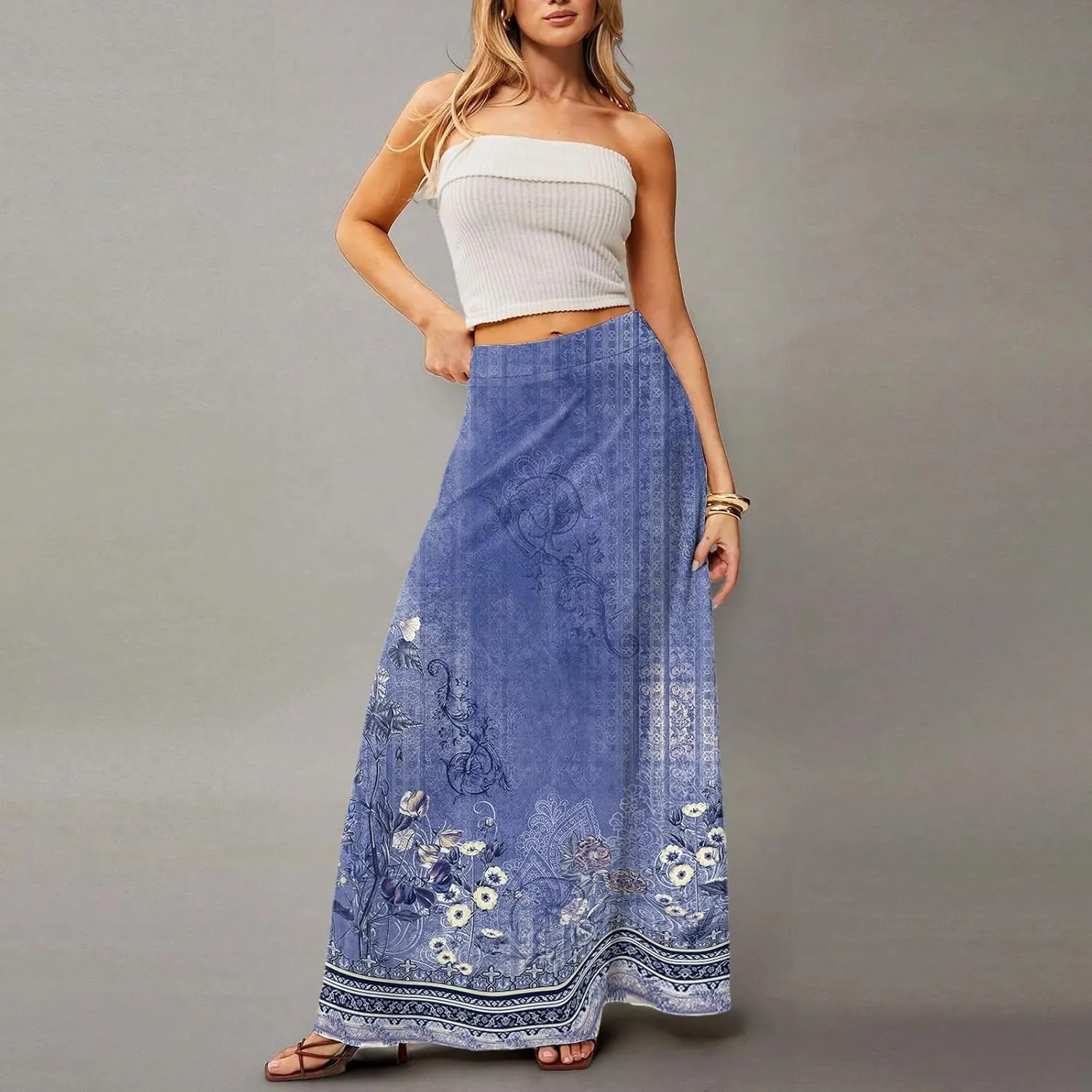 Floral Maxi Skirts for Women Trendy Summer Casual Flowy High Waisted Plus Size Long Boho Work Skirt with Pockets