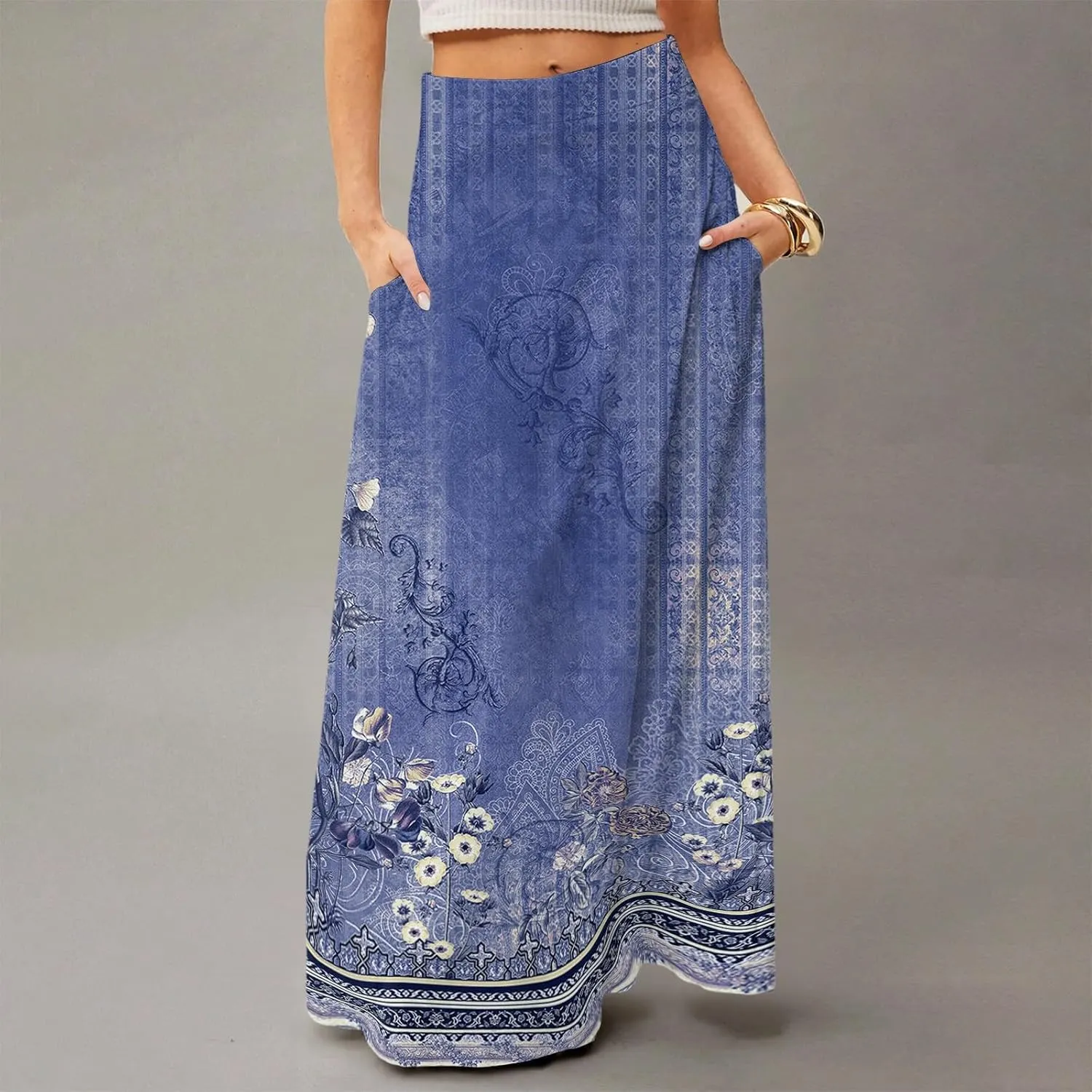 Floral Maxi Skirts for Women Trendy Summer Casual Flowy High Waisted Plus Size Long Boho Work Skirt with Pockets