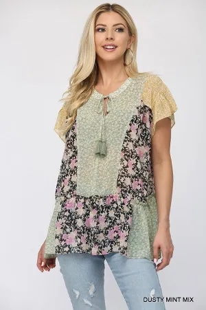 Floral Mixed Print Chiffon Short Top With Front Tassel Tie