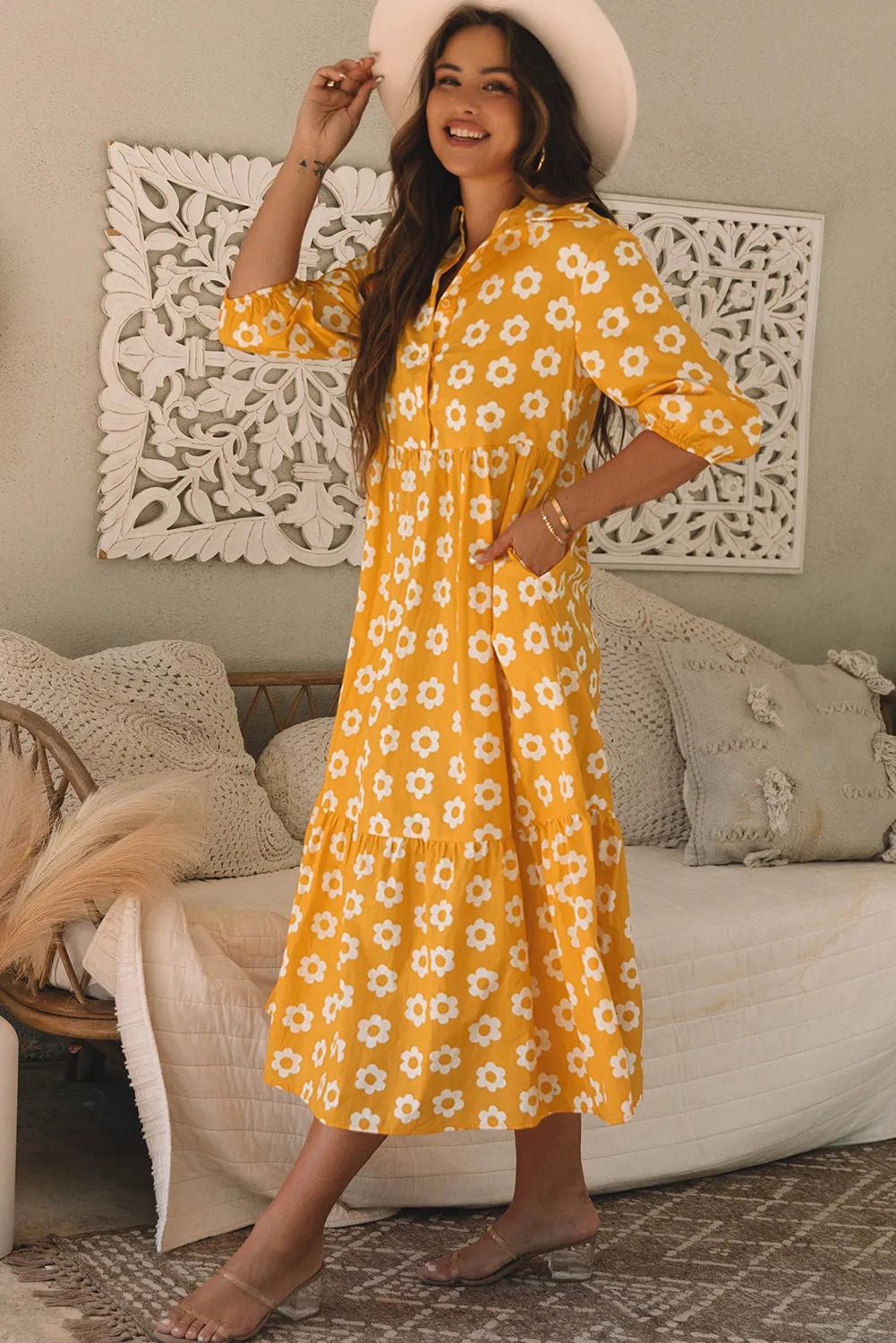 Flower Print Bracelet Sleeve Maxi Dress
