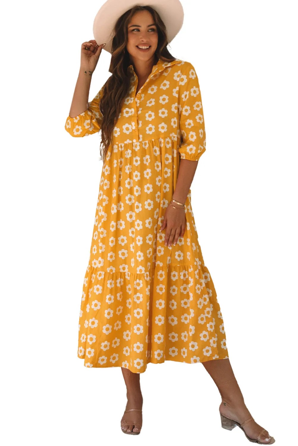 Flower Print Bracelet Sleeve Maxi Dress