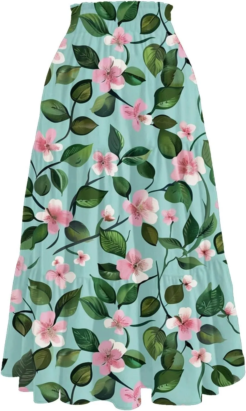 Flowy Midi Skirts for Women 2025 Summer Casual Floral High Waisted Plus Size Long Boho Work Skirt with Pockets