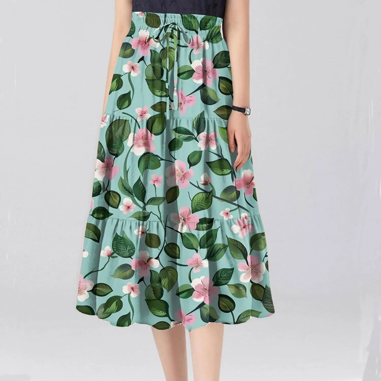 Flowy Midi Skirts for Women 2025 Summer Casual Floral High Waisted Plus Size Long Boho Work Skirt with Pockets