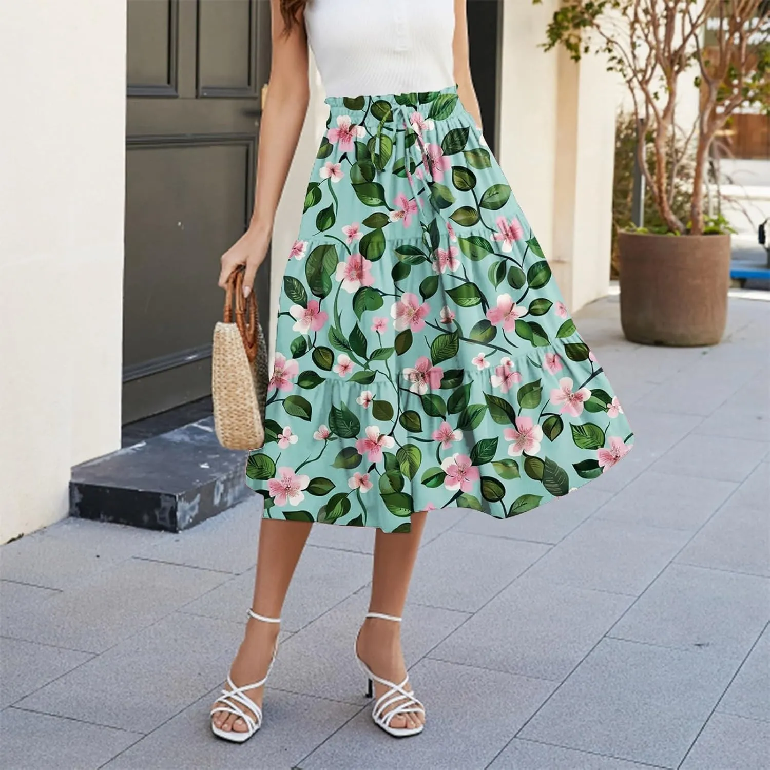 Flowy Midi Skirts for Women 2025 Summer Casual Floral High Waisted Plus Size Long Boho Work Skirt with Pockets