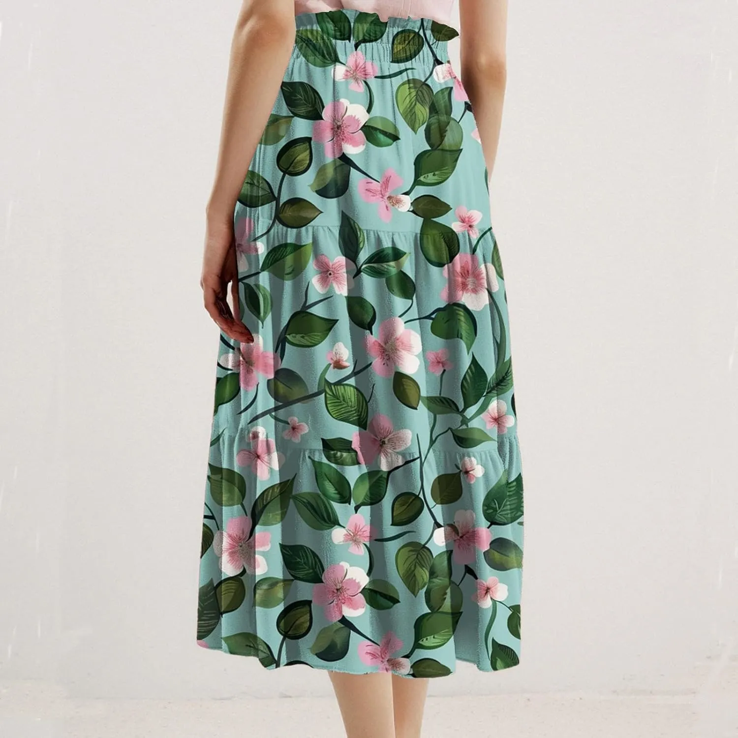 Flowy Midi Skirts for Women 2025 Summer Casual Floral High Waisted Plus Size Long Boho Work Skirt with Pockets