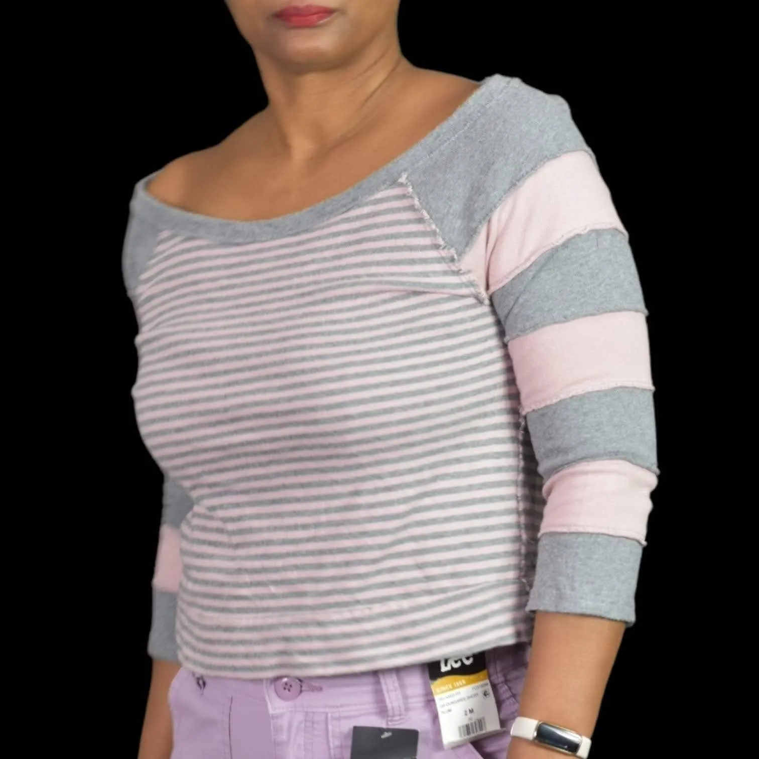 Free People First Mate Top Pink Grey Stripe Boat Neck Sweatshirt Boxy Size Small