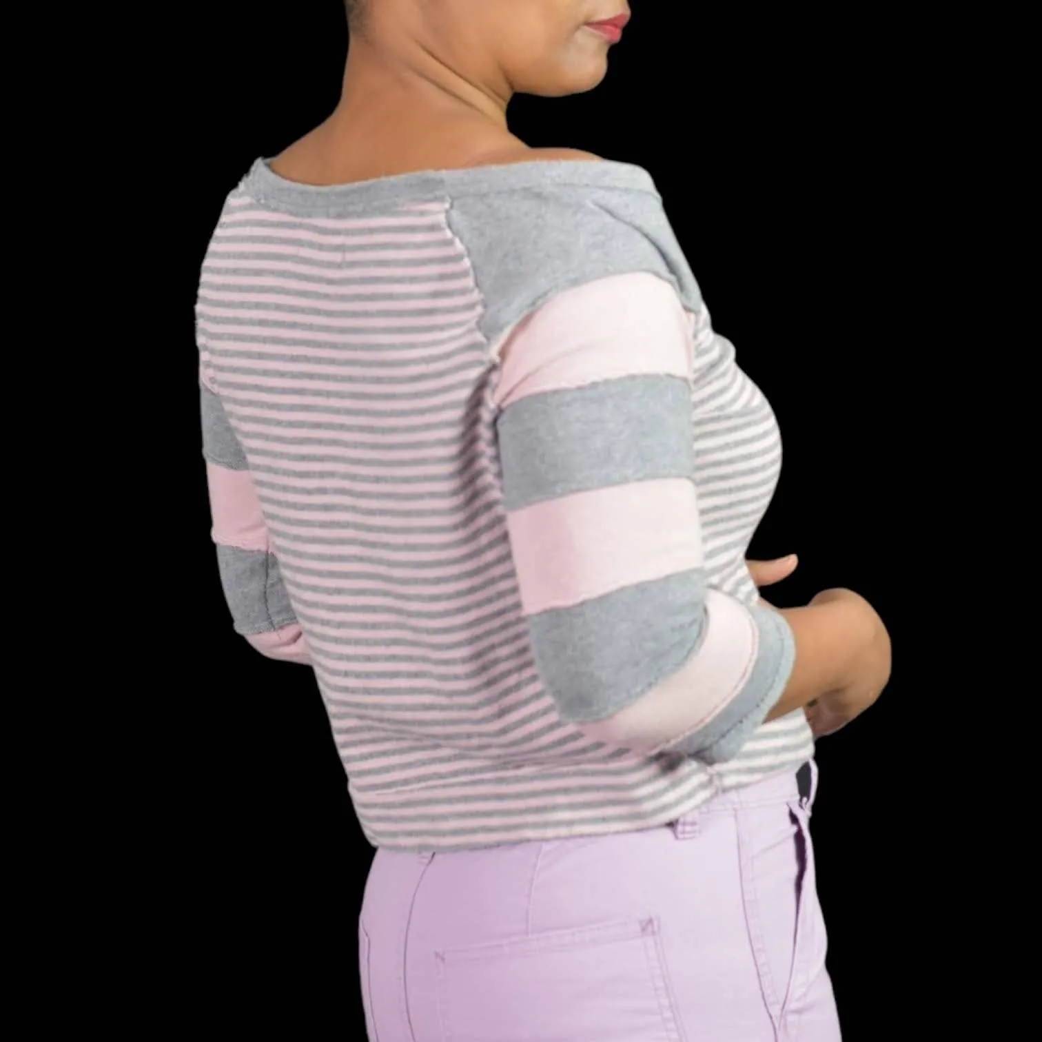 Free People First Mate Top Pink Grey Stripe Boat Neck Sweatshirt Boxy Size Small
