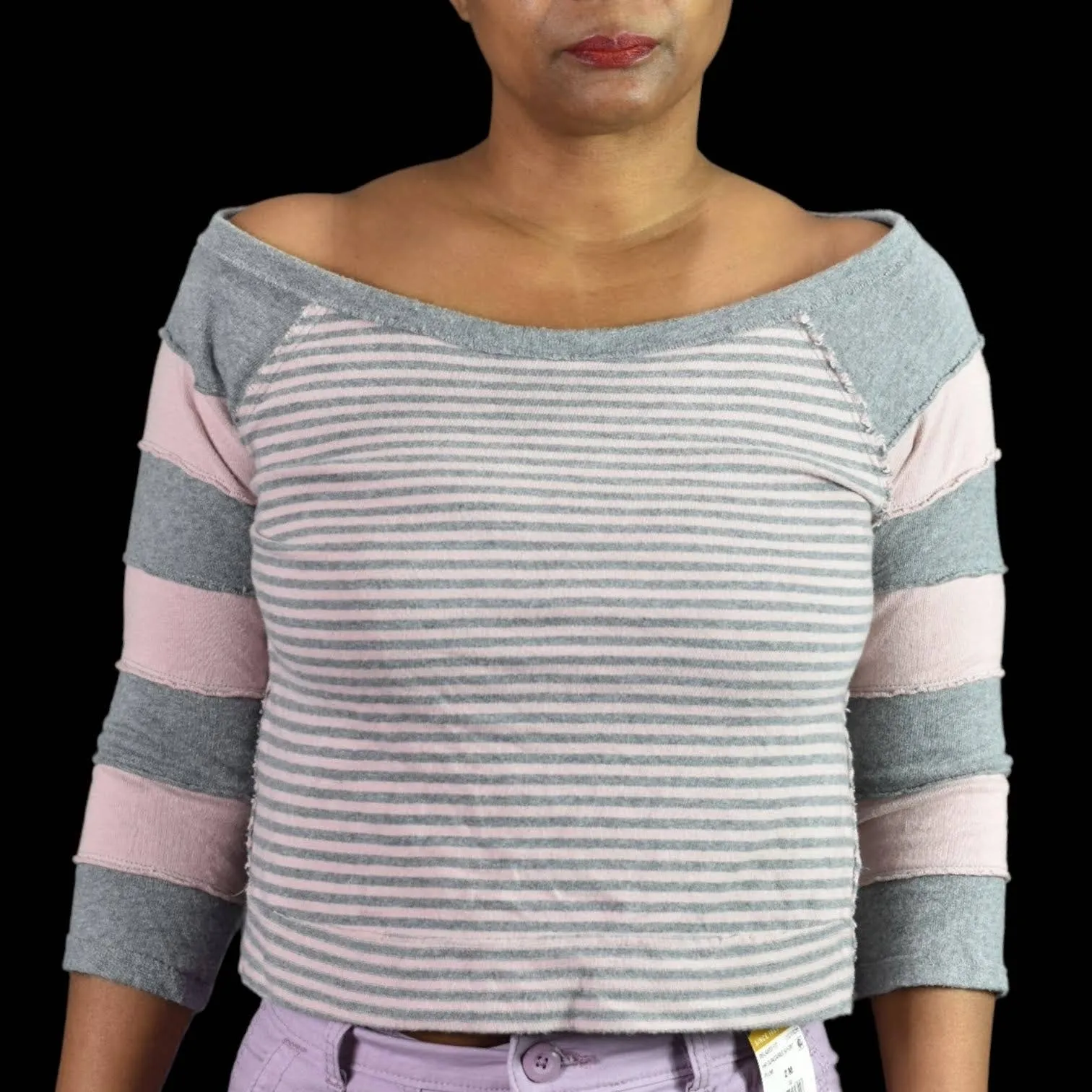 Free People First Mate Top Pink Grey Stripe Boat Neck Sweatshirt Boxy Size Small