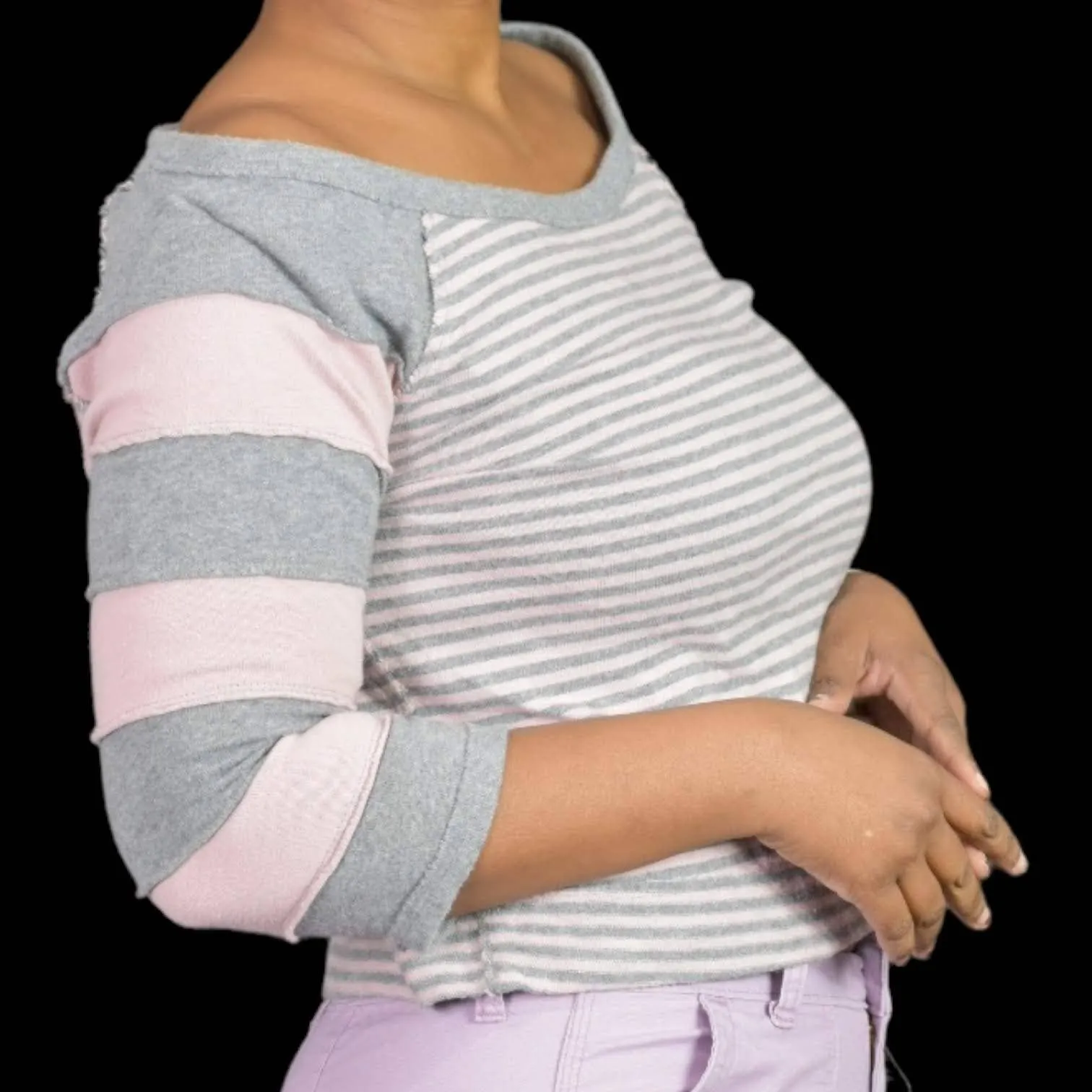 Free People First Mate Top Pink Grey Stripe Boat Neck Sweatshirt Boxy Size Small