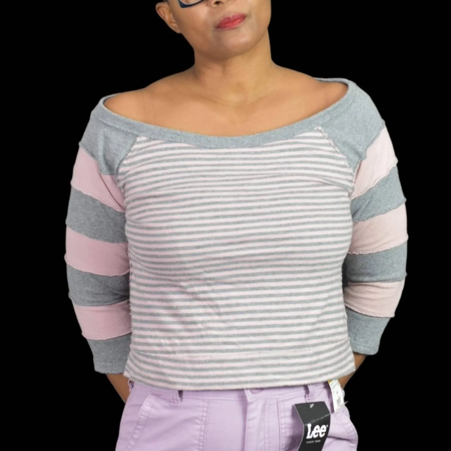 Free People First Mate Top Pink Grey Stripe Boat Neck Sweatshirt Boxy Size Small