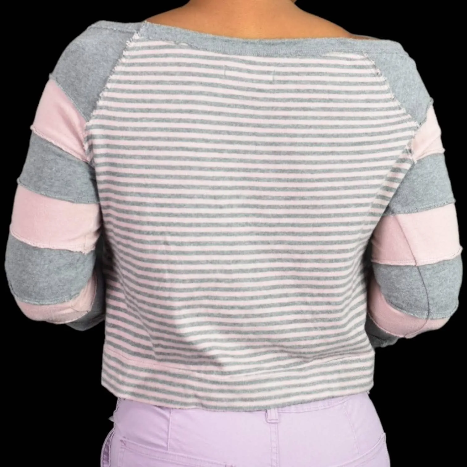 Free People First Mate Top Pink Grey Stripe Boat Neck Sweatshirt Boxy Size Small