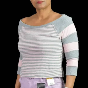 Free People First Mate Top Pink Grey Stripe Boat Neck Sweatshirt Boxy Size Small