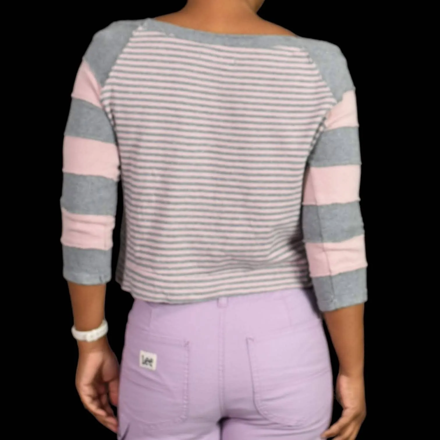 Free People First Mate Top Pink Grey Stripe Boat Neck Sweatshirt Boxy Size Small