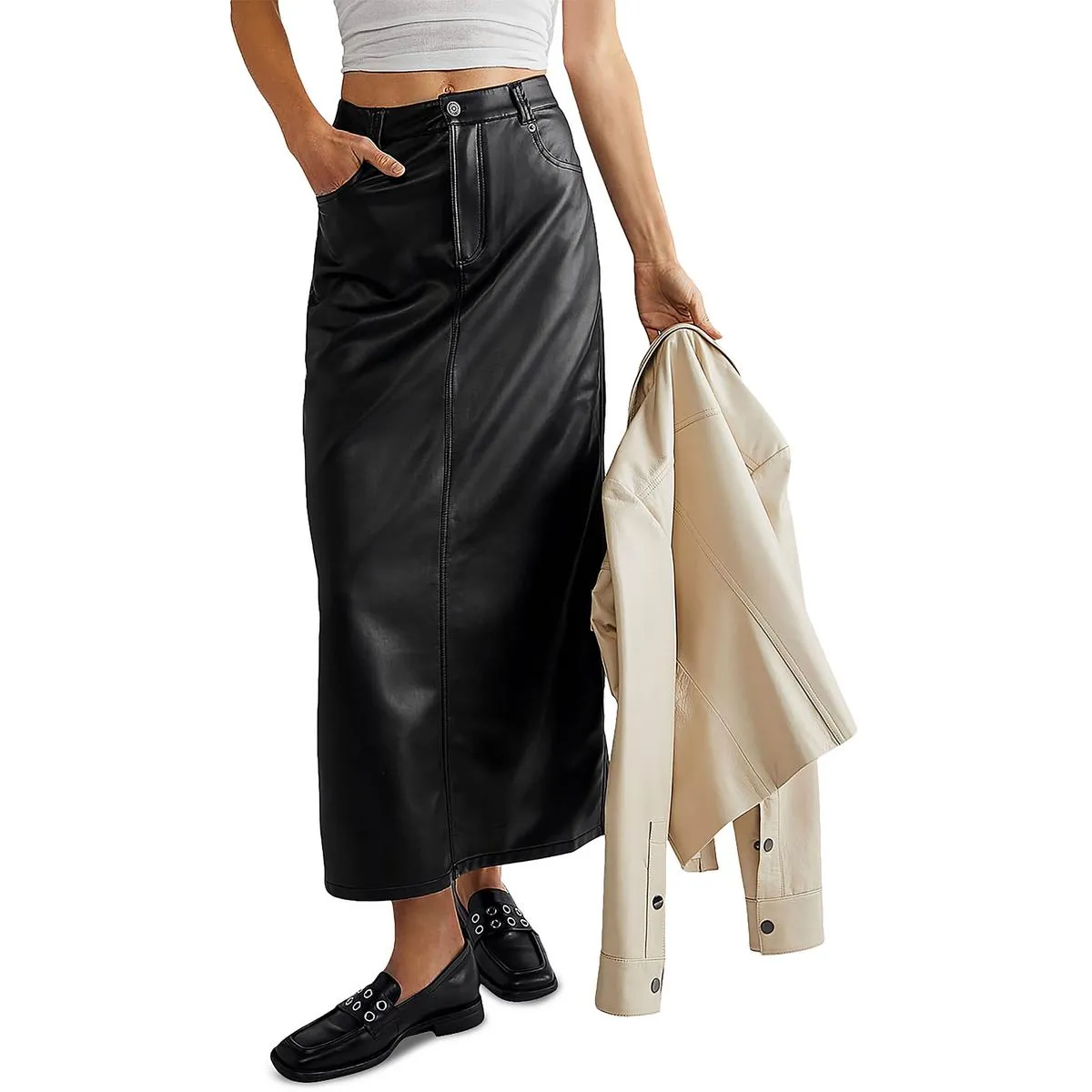 Free People Womens City Slicker Faux Leather Long Maxi Skirt