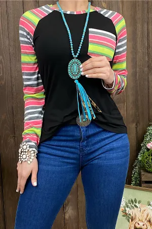 FW10190 Solid black top w/multi color striped sleeves and front pocket (DS7)