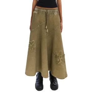 Garment-Dyed Distressed Patchwork Knit Skirt