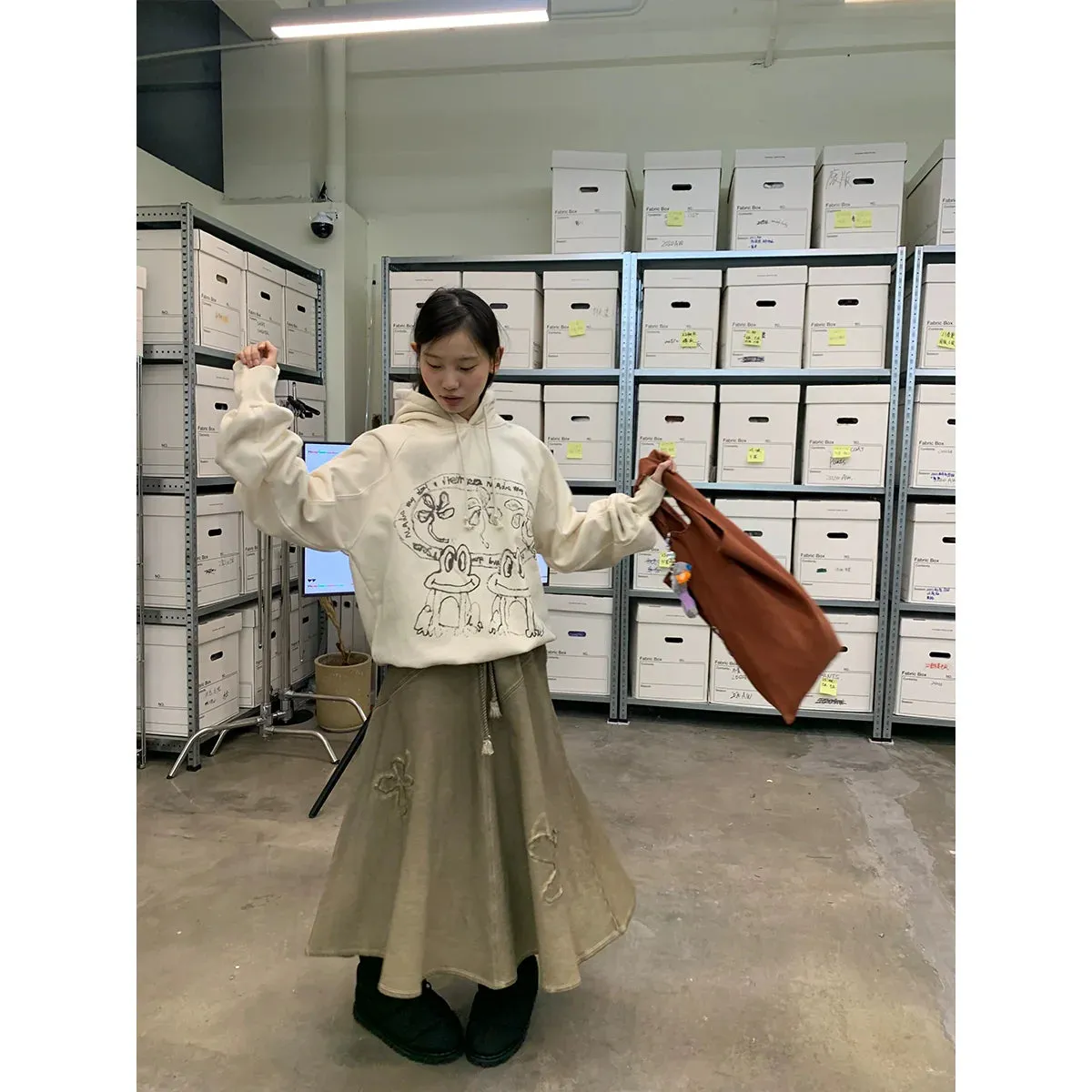 Garment-Dyed Distressed Patchwork Knit Skirt