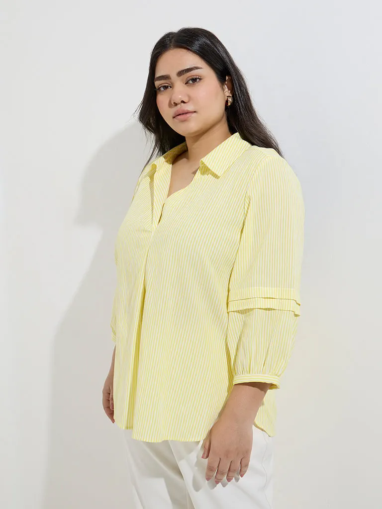 Gia Yellow Stripe Printed Cotton-Blend Blouse