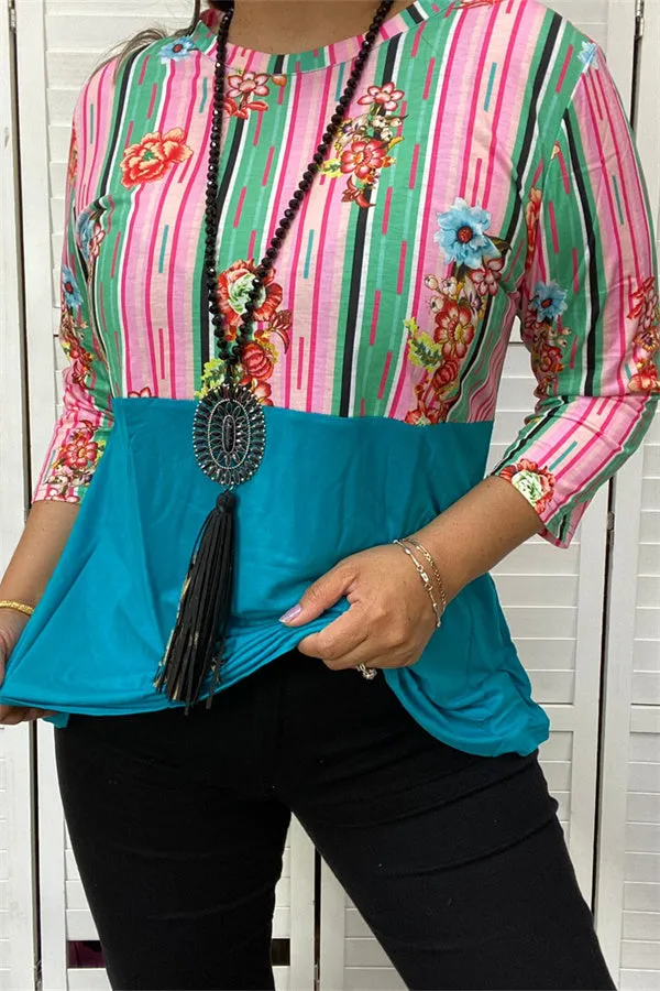 GJQ9144 Turquoise striped floral multi color printed 3/4 sleeves women tops