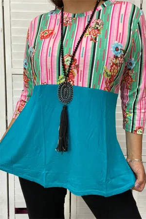 GJQ9144 Turquoise striped floral multi color printed 3/4 sleeves women tops