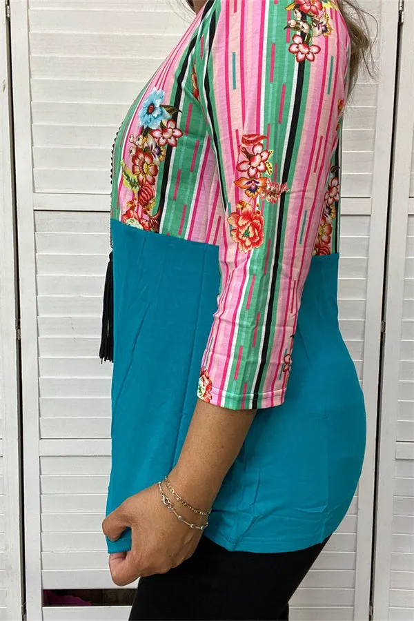 GJQ9144 Turquoise striped floral multi color printed 3/4 sleeves women tops