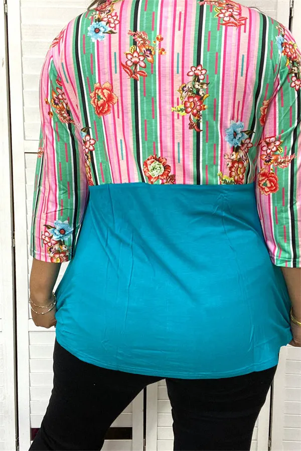 GJQ9144 Turquoise striped floral multi color printed 3/4 sleeves women tops