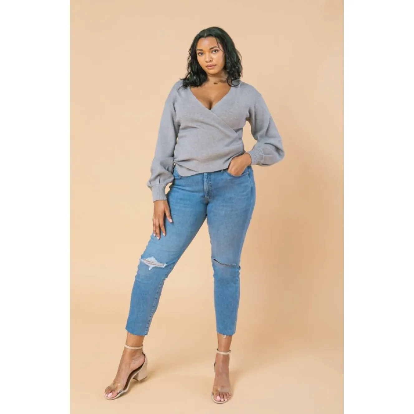 Heather Grey Curvy Fit Wrap Sweater