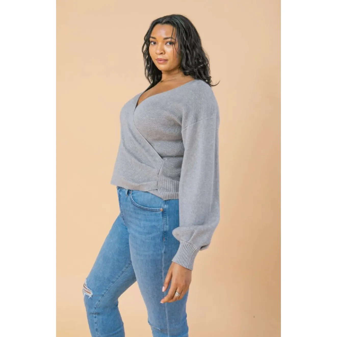 Heather Grey Curvy Fit Wrap Sweater