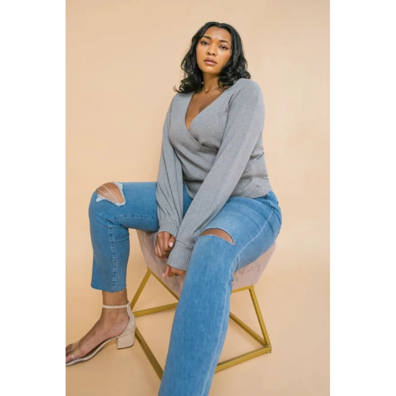 Heather Grey Curvy Fit Wrap Sweater
