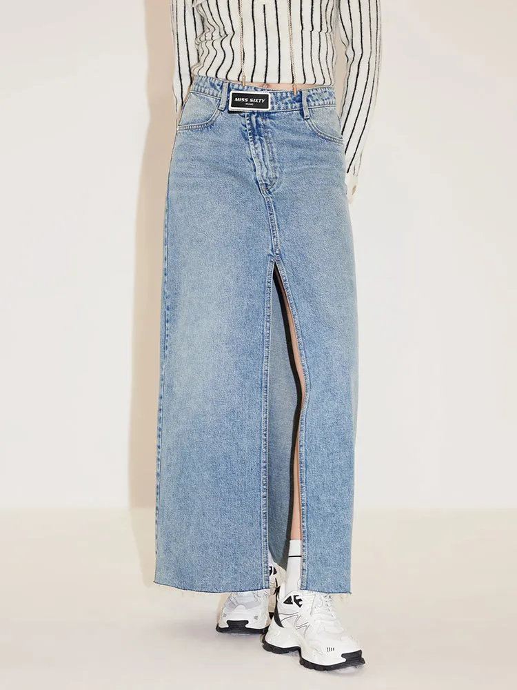 High Waist Denim Slit Skirt With Asymmetrical Waist
