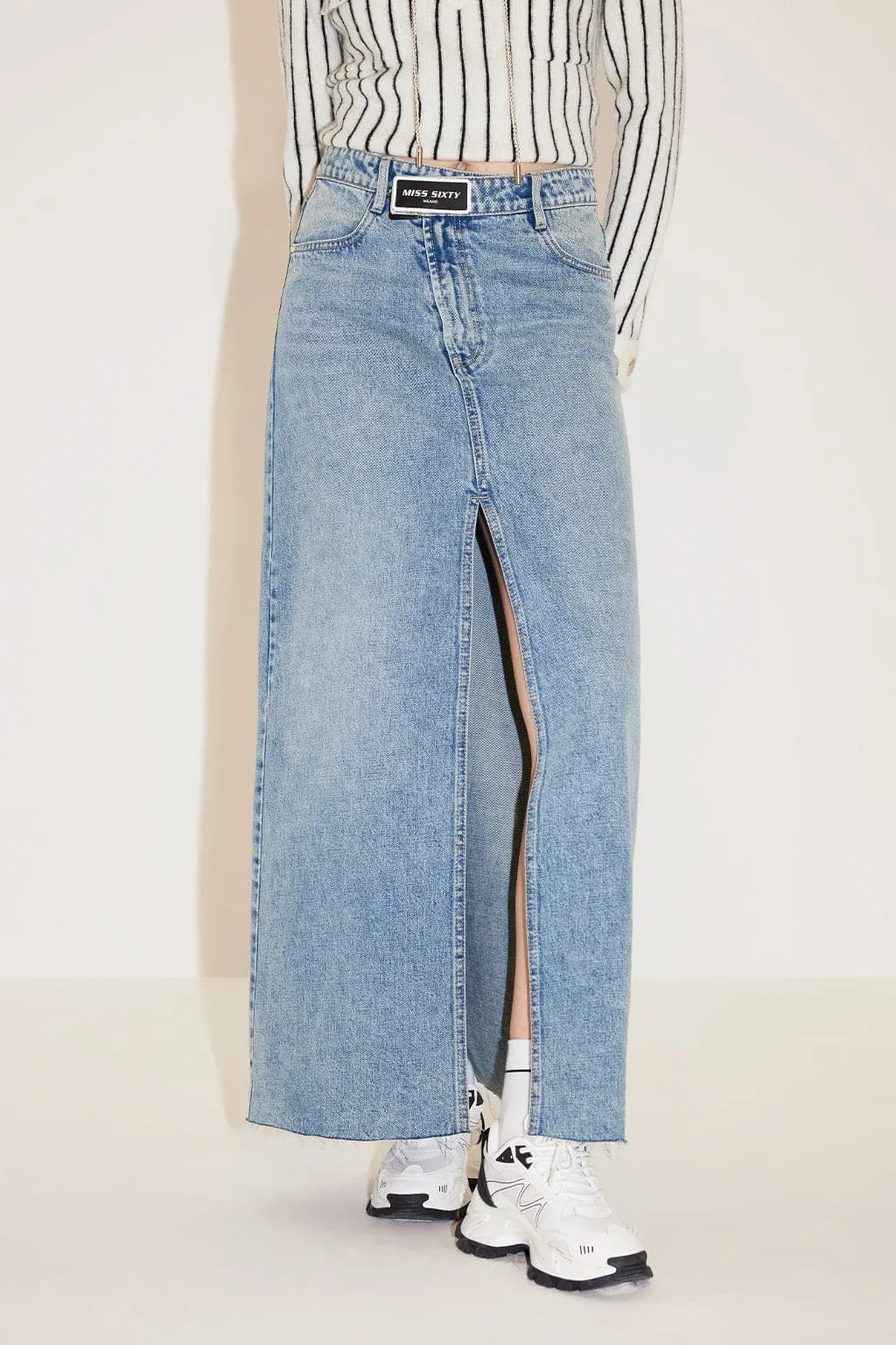 High Waist Denim Slit Skirt With Asymmetrical Waist