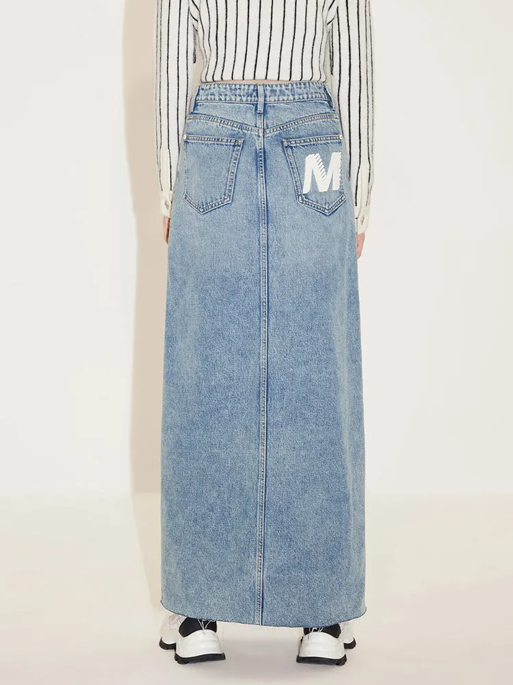 High Waist Denim Slit Skirt With Asymmetrical Waist