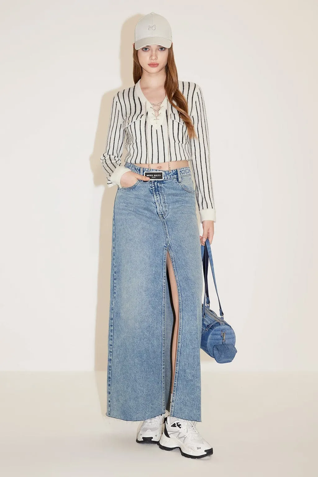 High Waist Denim Slit Skirt With Asymmetrical Waist