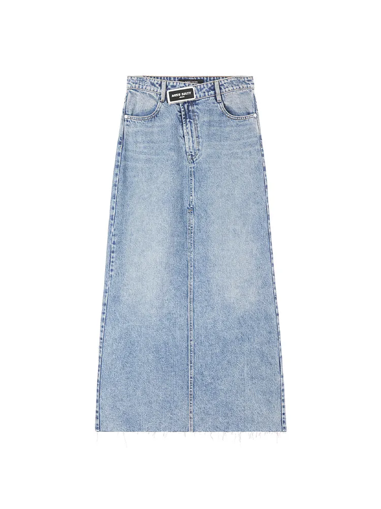 High Waist Denim Slit Skirt With Asymmetrical Waist