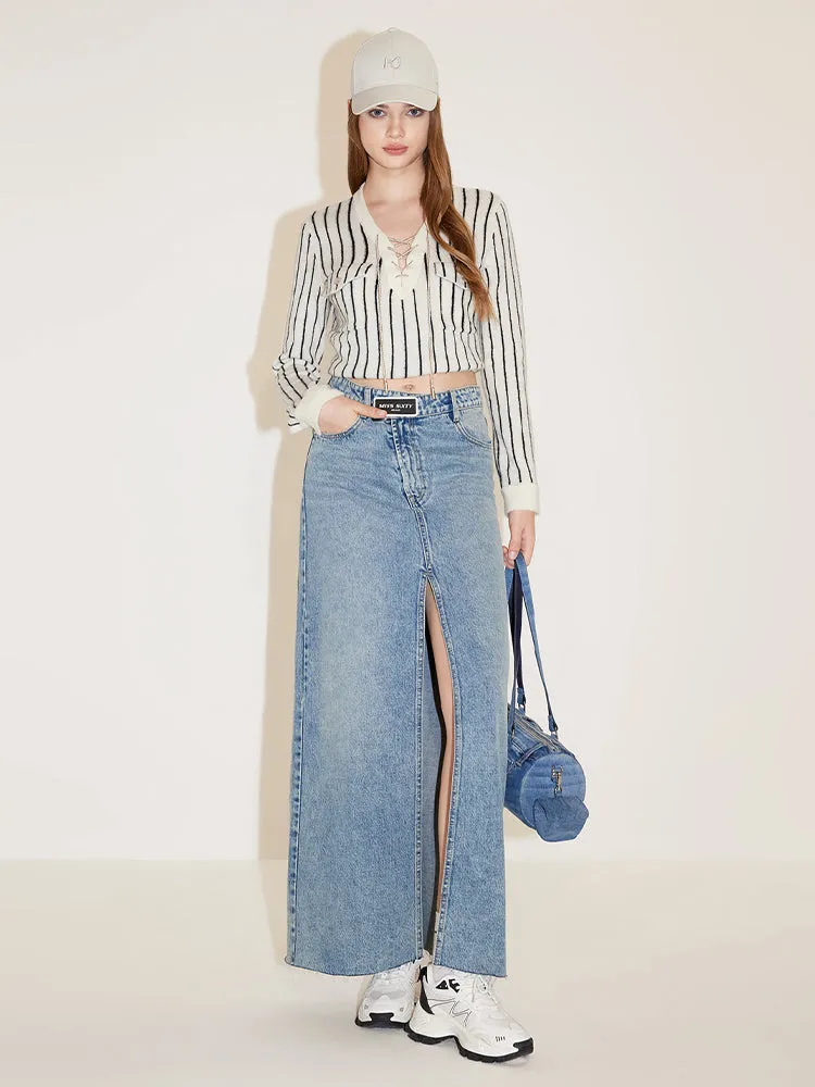 High Waist Denim Slit Skirt With Asymmetrical Waist