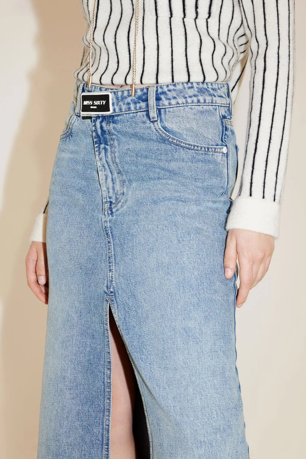High Waist Denim Slit Skirt With Asymmetrical Waist