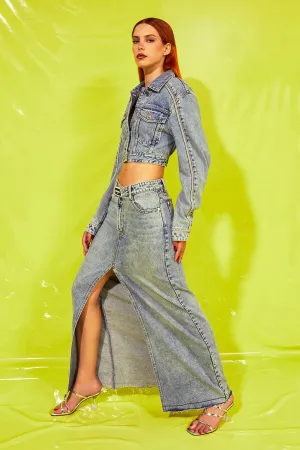 High Waist Denim Slit Skirt With Asymmetrical Waist
